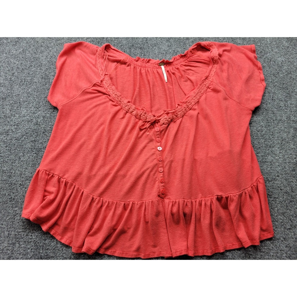 Free People Red Linen Blend Crochet Lace Trim Peplum Top Large